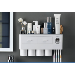 Настенный органайзер для ванной комнаты на 4 персоны с диспенсером зубной пасты